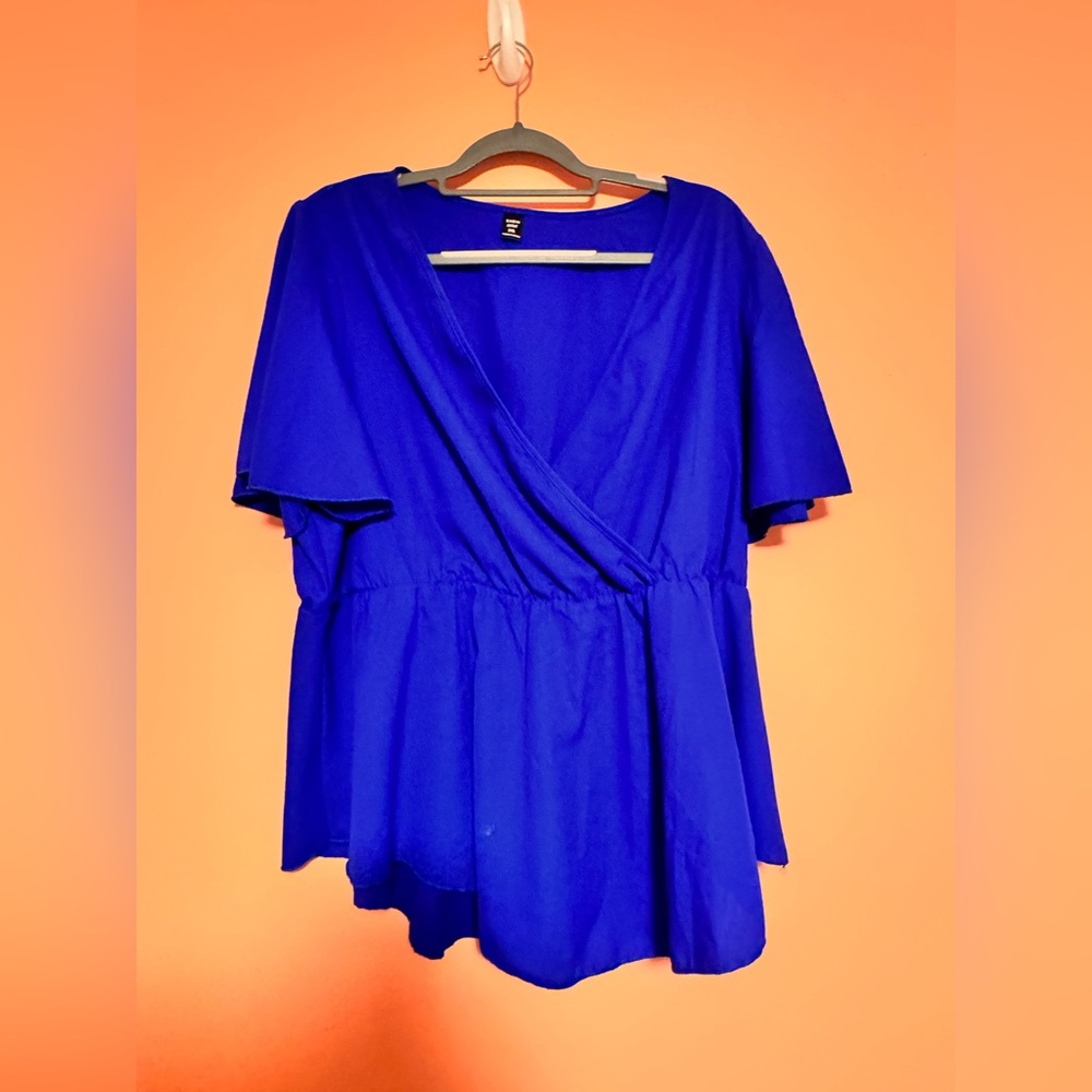 SHEIN Blue Flutter Sleeve Wrap Peplum Blouse